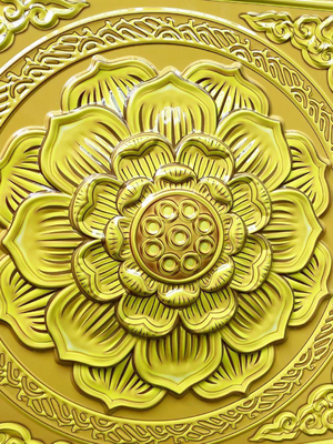 600x600mm Alüminyum Metal Tavan 3D Tapınak Kurulu Altın Varak Buda Salonu Lotus